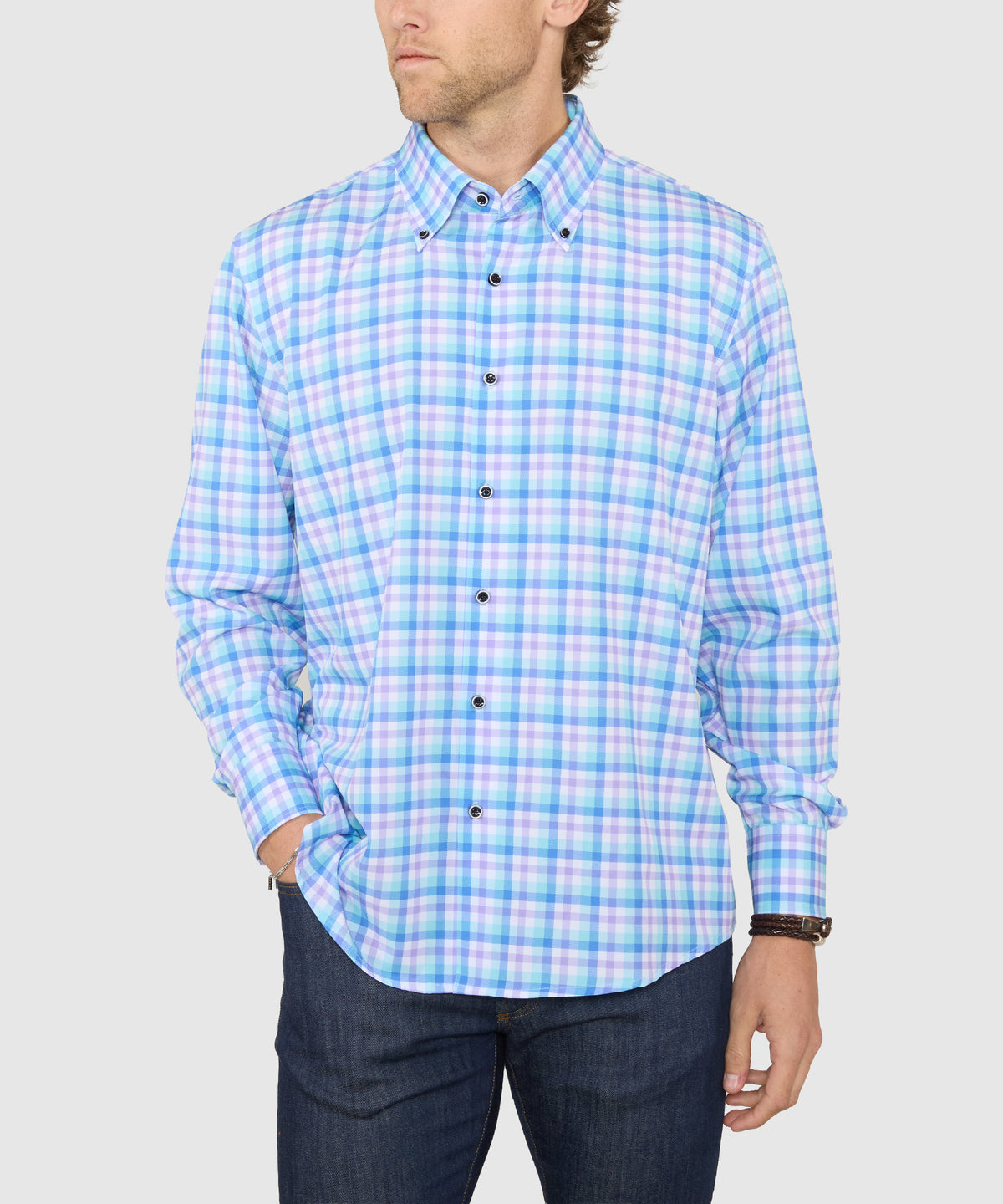 Westport No-Tuck Long Sleeve Button-Down Collar Stretch Performance Plaid Sport Shirt, Men's Big & Tall