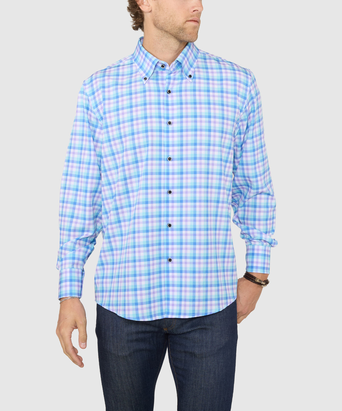 Westport No-Tuck Long Sleeve Button-Down Collar Stretch Performance Plaid Sport Shirt, Men's Big & Tall