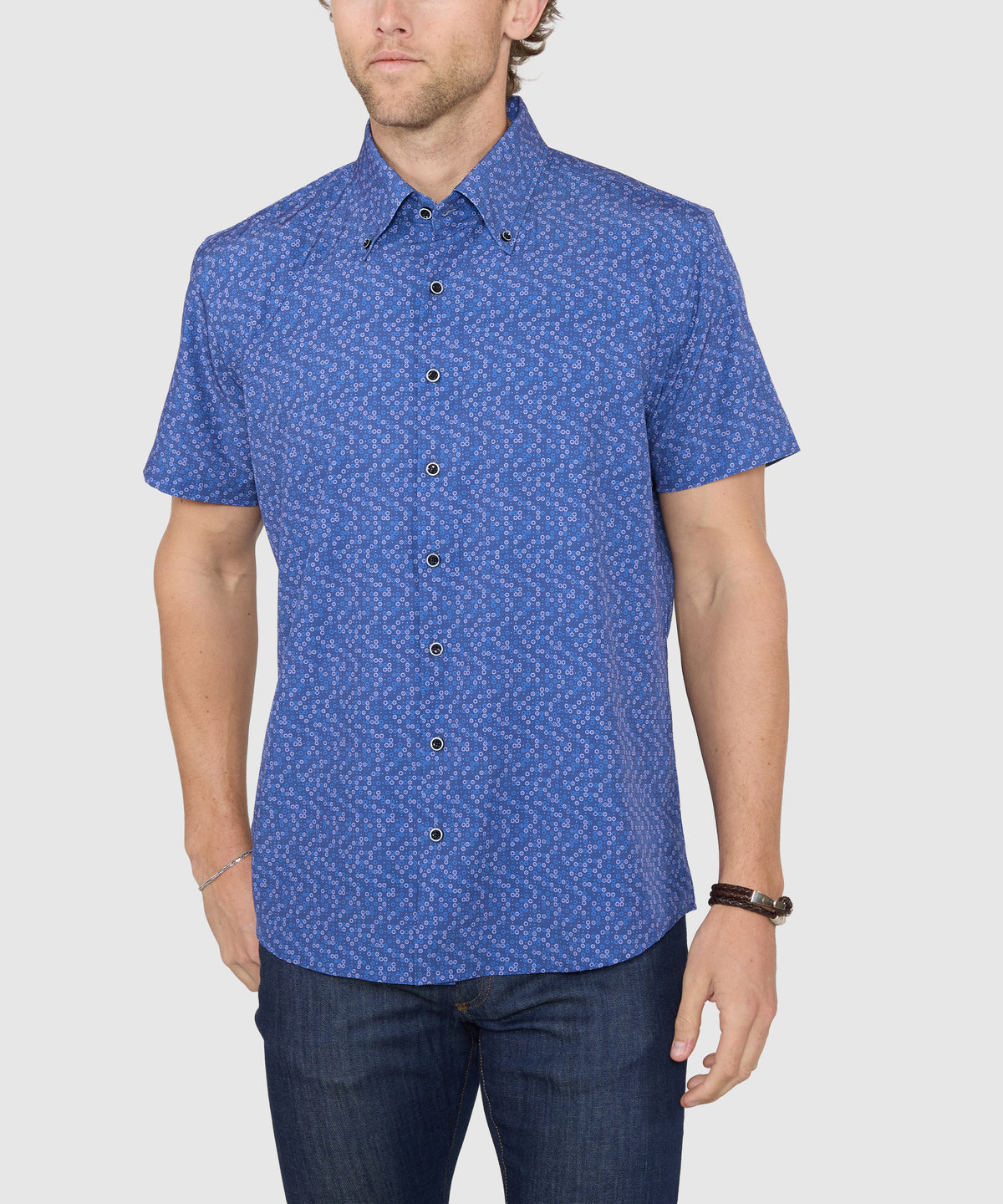 Westport No-Tuck Short Sleeve Button-Down Collar Stretch Performance Medallion Print Sport Shirt, Men's Big & Tall