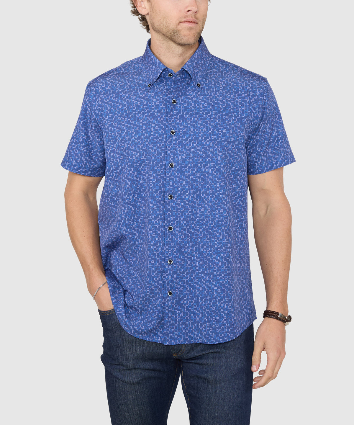 Westport No-Tuck Short Sleeve Button-Down Collar Stretch Performance Medallion Print Sport Shirt, Men's Big & Tall