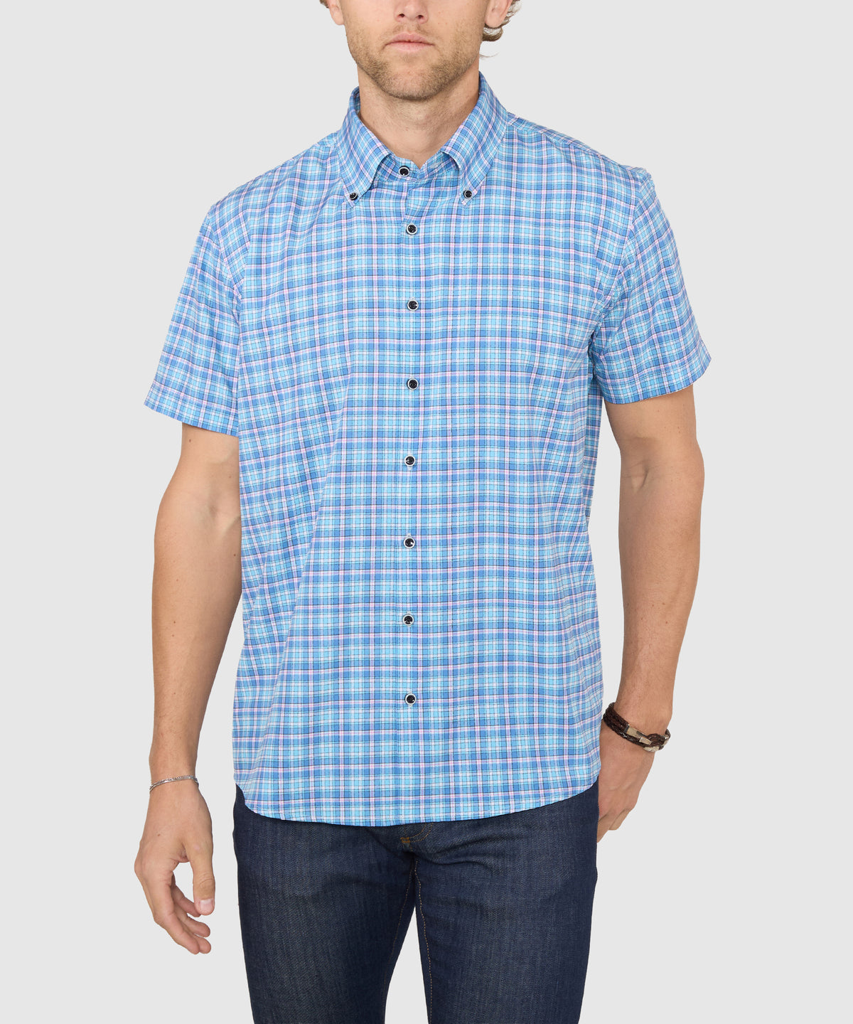 Westport No-Tuck Short Sleeve Button-Down Collar Stretch Performance Plaid Sport Shirt, Men's Big & Tall