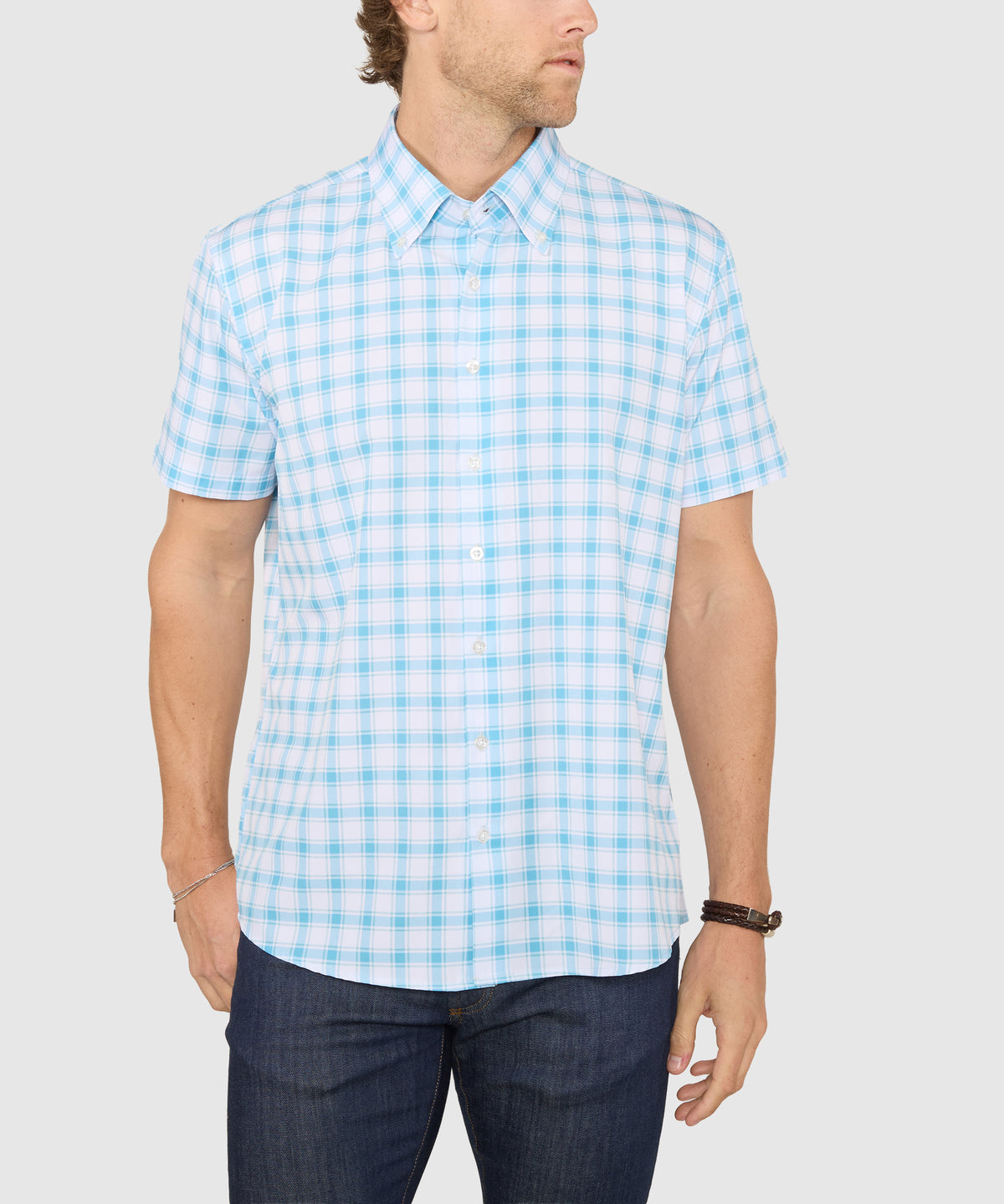 Westport No-Tuck Short Sleeve Button-Down Collar Stretch Performance Plaid Sport Shirt, Men's Big & Tall