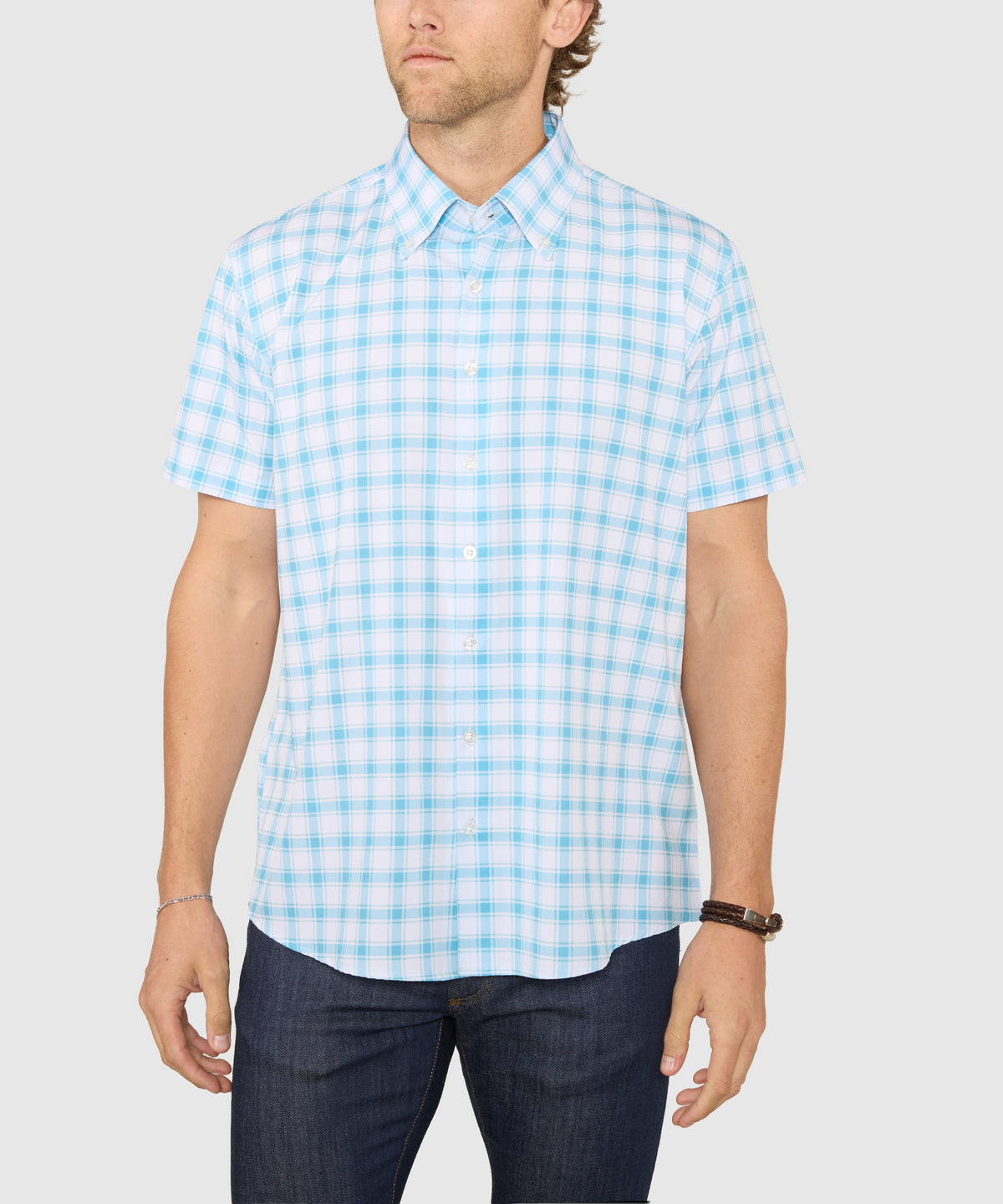 Westport No-Tuck Short Sleeve Button-Down Collar Stretch Performance Plaid Sport Shirt, Men's Big & Tall