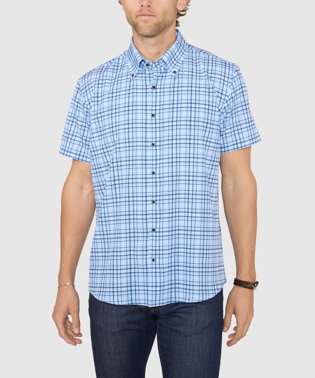 Westport No-Tuck Short Sleeve Button-Down Collar Stretch Performance Plaid Sport Shirt, Men's Big & Tall