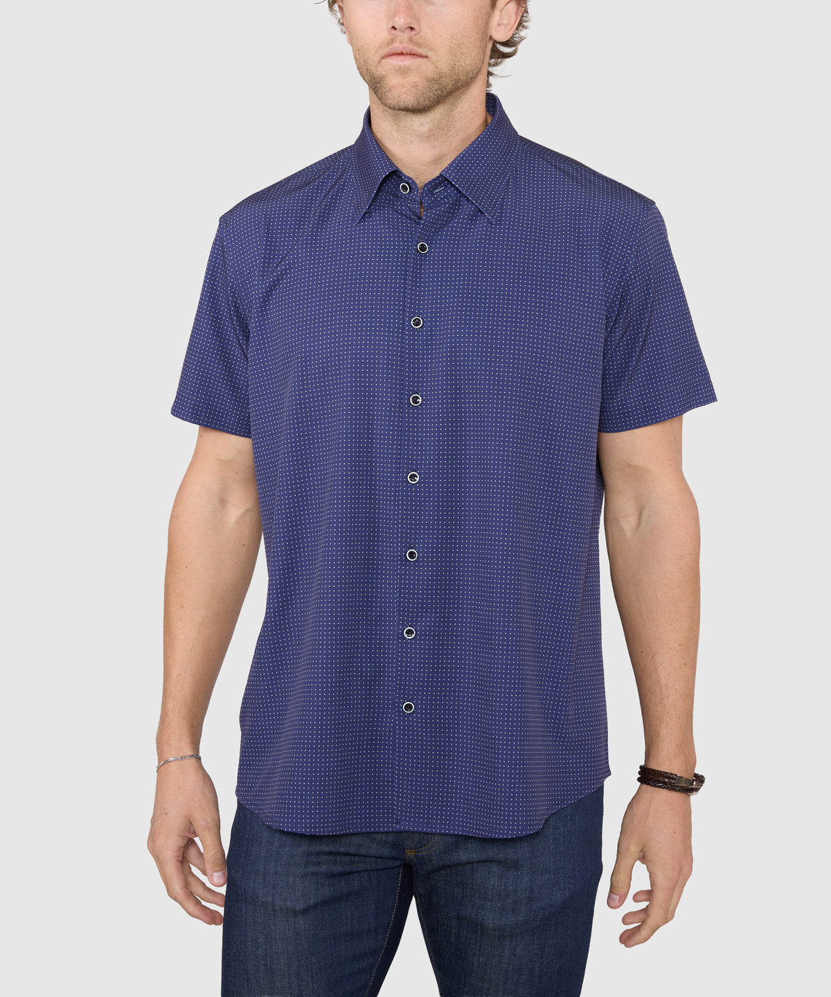 Westport No-Tuck Short Sleeve Spread Collar Stretch Performance Dot Print Sport Shirt, Men's Big & Tall