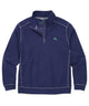 Navy half-zip pullover sweater with green logo, stand collar, long sleeves