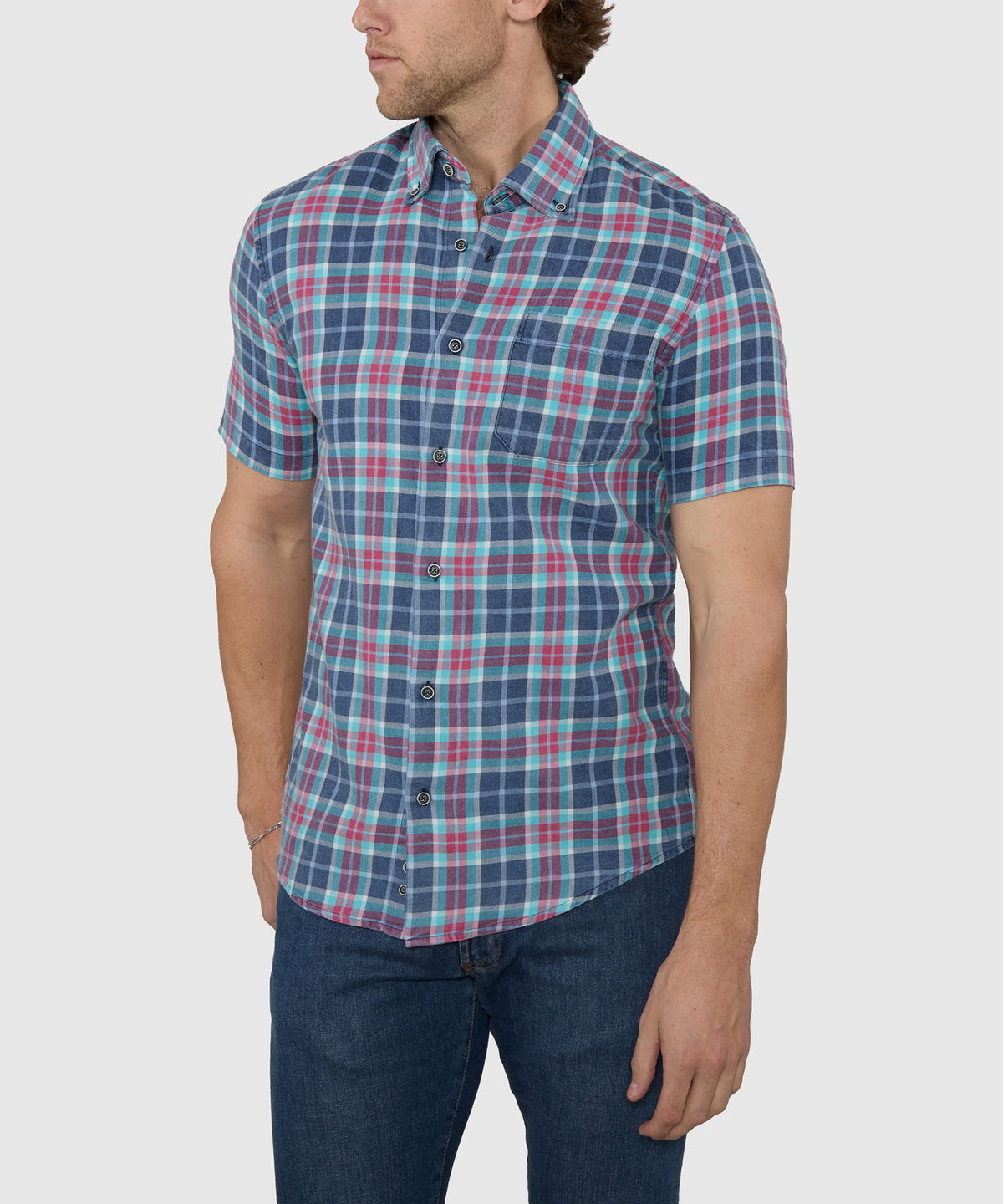 Westport Lifestyle Short Sleeve Washed Out Plaid Sport Shirt, Men's Big & Tall