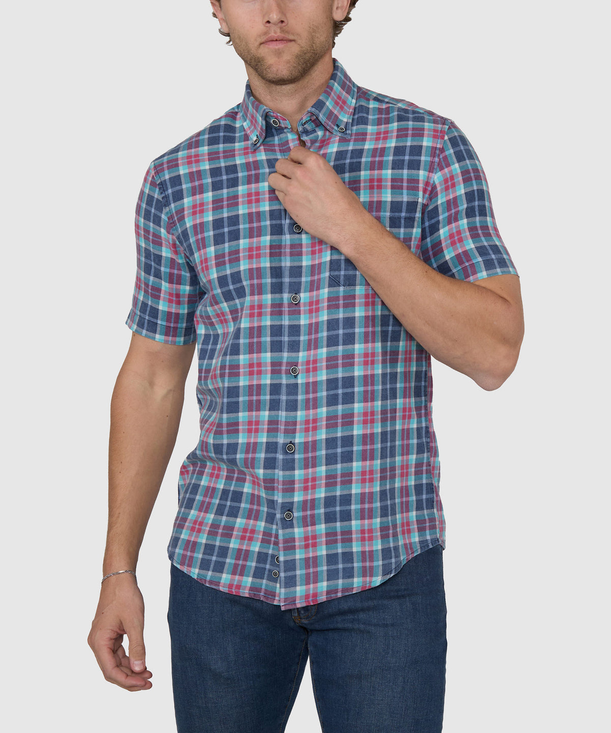 Westport Lifestyle Short Sleeve Washed Out Plaid Sport Shirt, Men's Big & Tall