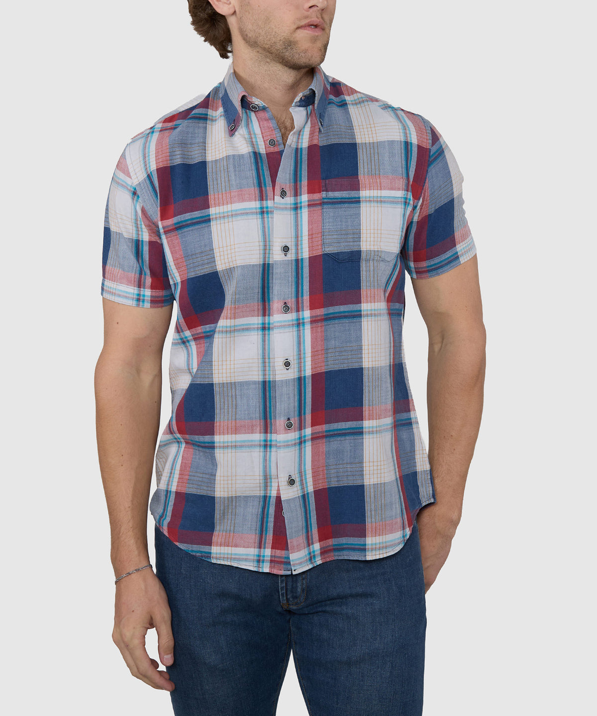 Westport Lifestyle Short Sleeve Washed Out Plaid Sport Shirt, Men's Big & Tall