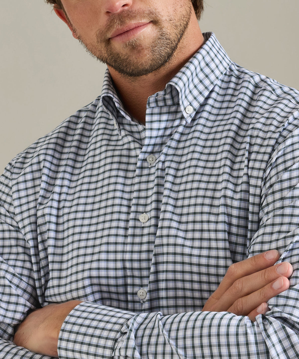 Men's blue/white check sport shirt collar and buttons, long sleeves, Peter Millar Men's Big & Tall