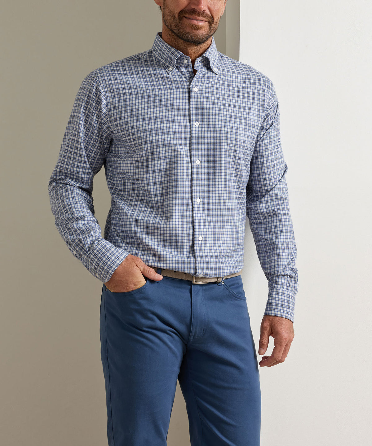 Blue plaid performance flannel button-up shirt on model, long sleeves, Peter Millar Men's Big & Tall