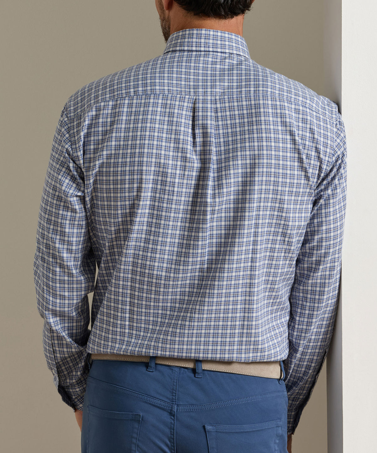 Back view of blue plaid performance flannel button-up shirt with yoke seam, Peter Millar Men's Big & Tall
