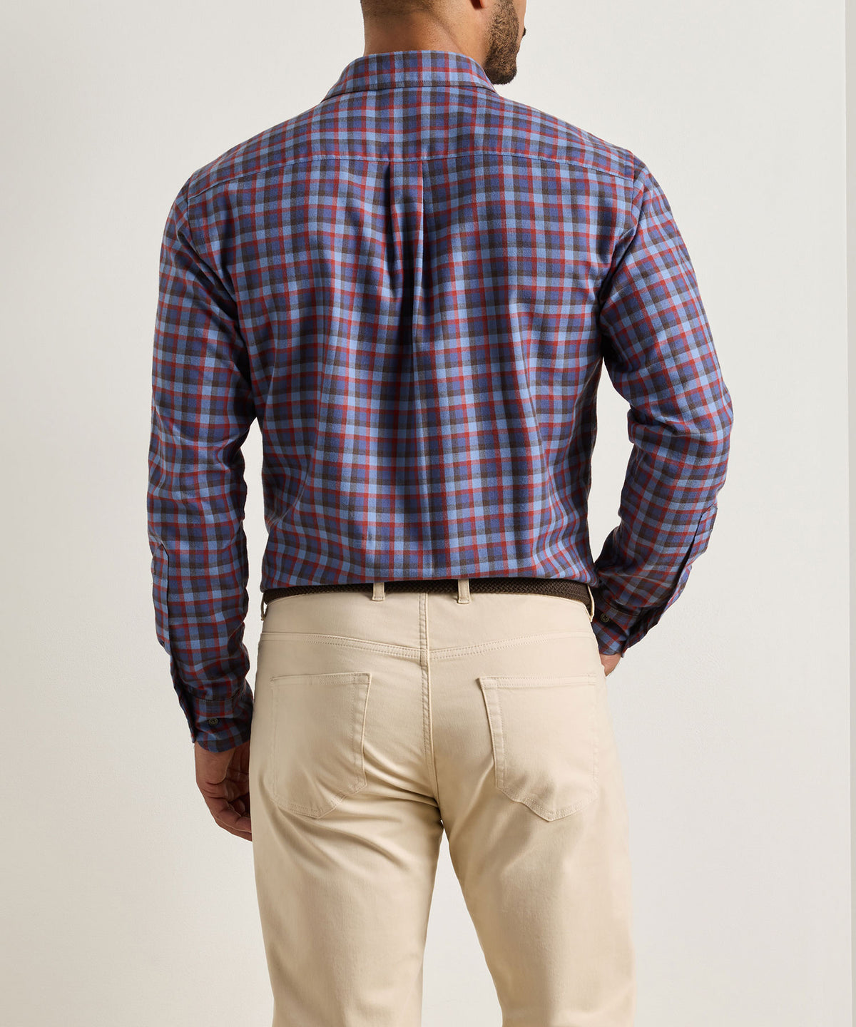 Men's blue plaid performance flannel shirt, back view with long sleeves, Peter Millar Men's Big & Tall