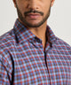 Blue plaid performance flannel shirt close-up of button placket and collar