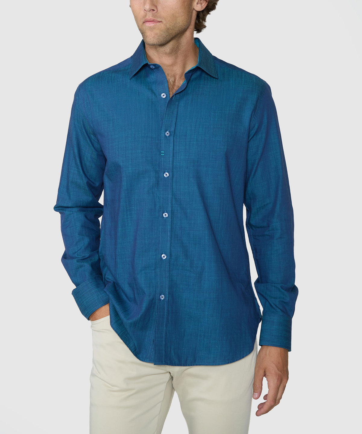 Men's long sleeve sport shirt in teal blue with button front and curved hem - Turquoise, Robert Graham Men's Big & Tall
