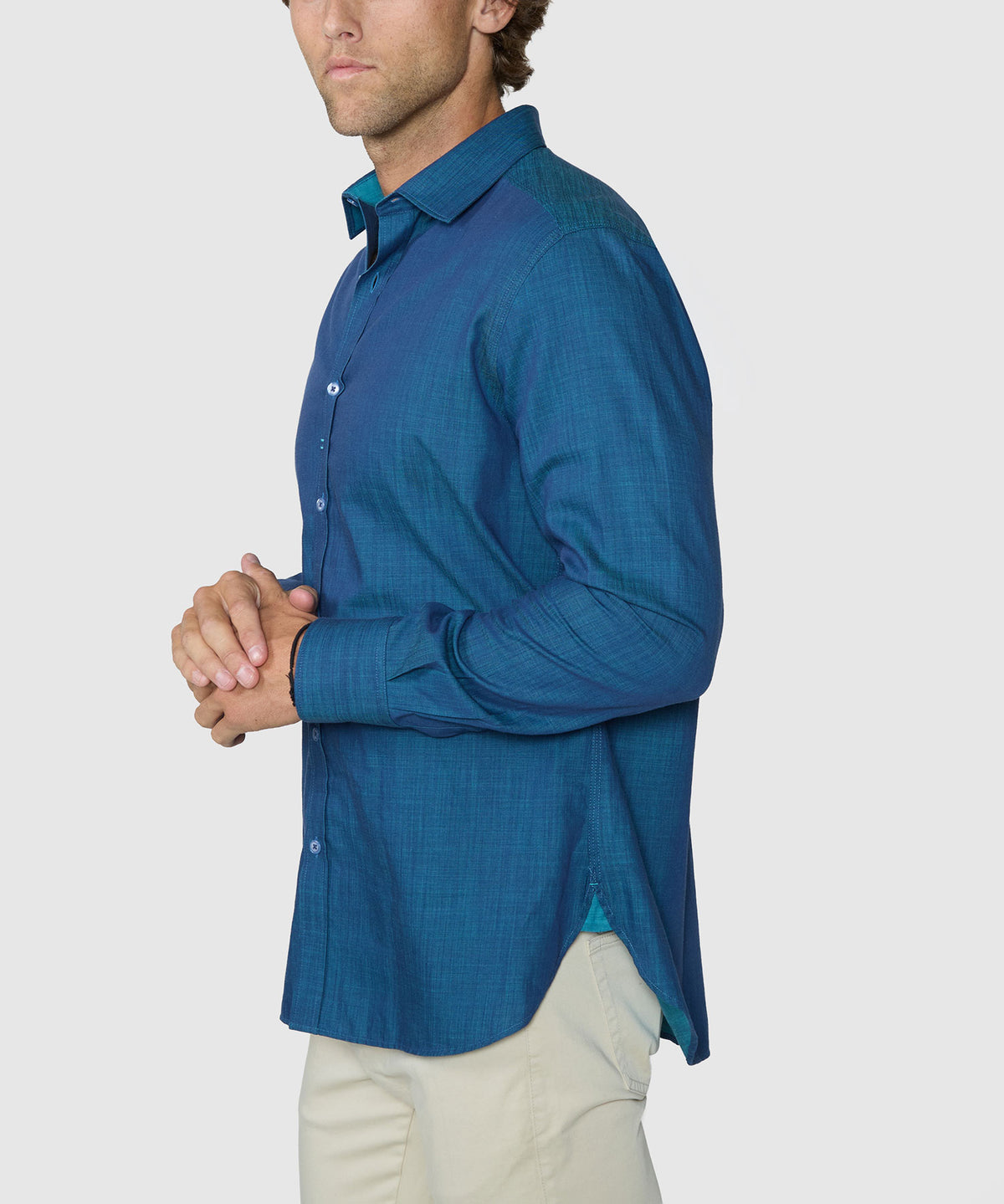 Men's long sleeve sport shirt in teal blue with button front and side hem slit - Turquoise, Robert Graham Men's Big & Tall