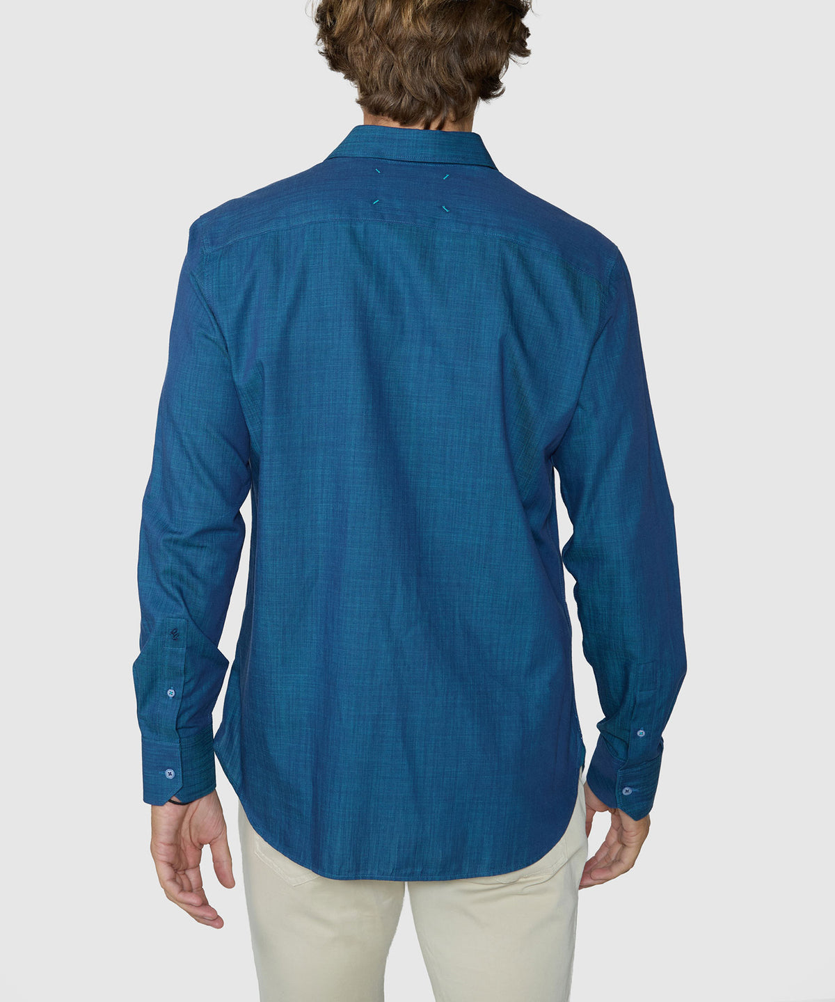 Men's long sleeve sport shirt in teal blue from the back with buttoned yoke - Turquoise, Robert Graham Men's Big & Tall