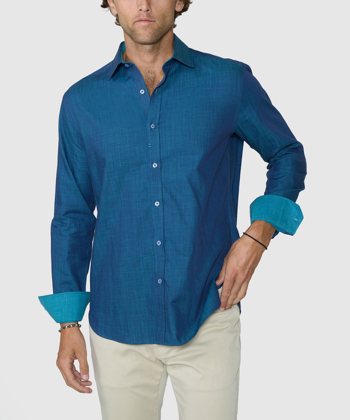 Men's long sleeve sport shirt in teal blue with button front and teal striped inner cuff - Turquoise, Robert Graham Men's Big & Tall