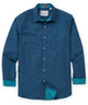 Men's long sleeve sport shirt in teal blue with button front and striped inner cuffs - Turquoise