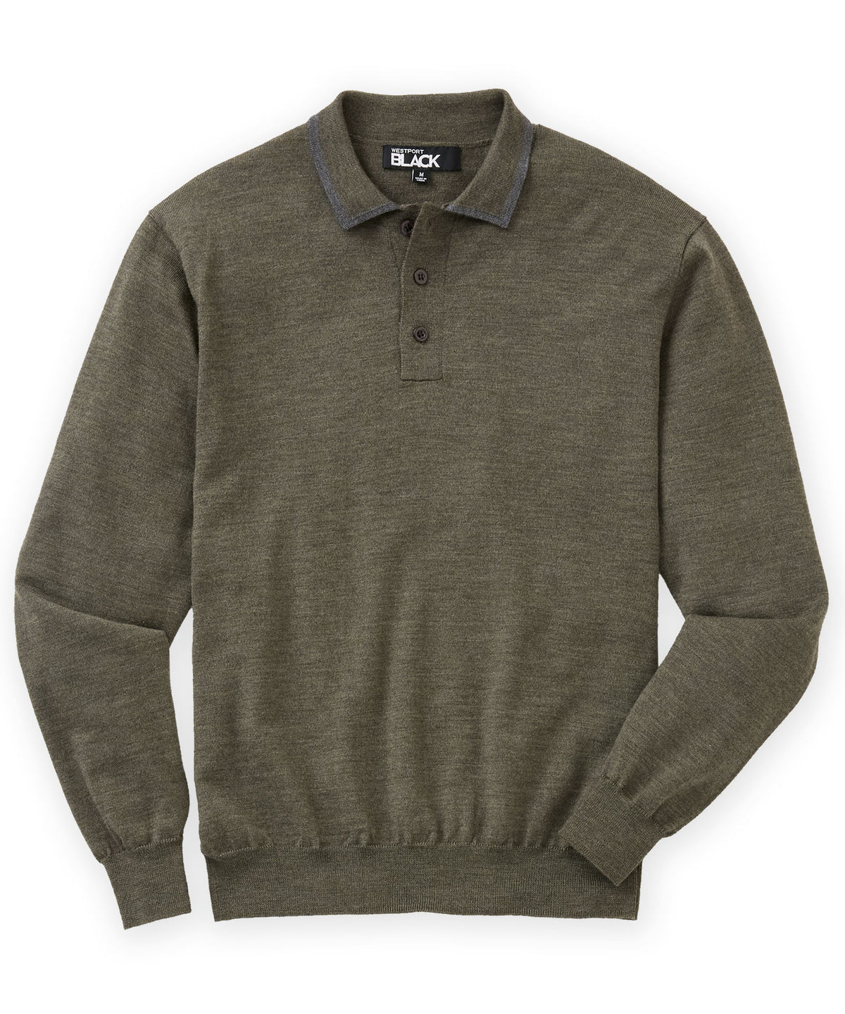 Westport Black Long Sleeve Retro Tipped Merino Polo - Sage, Men's Big & Tall