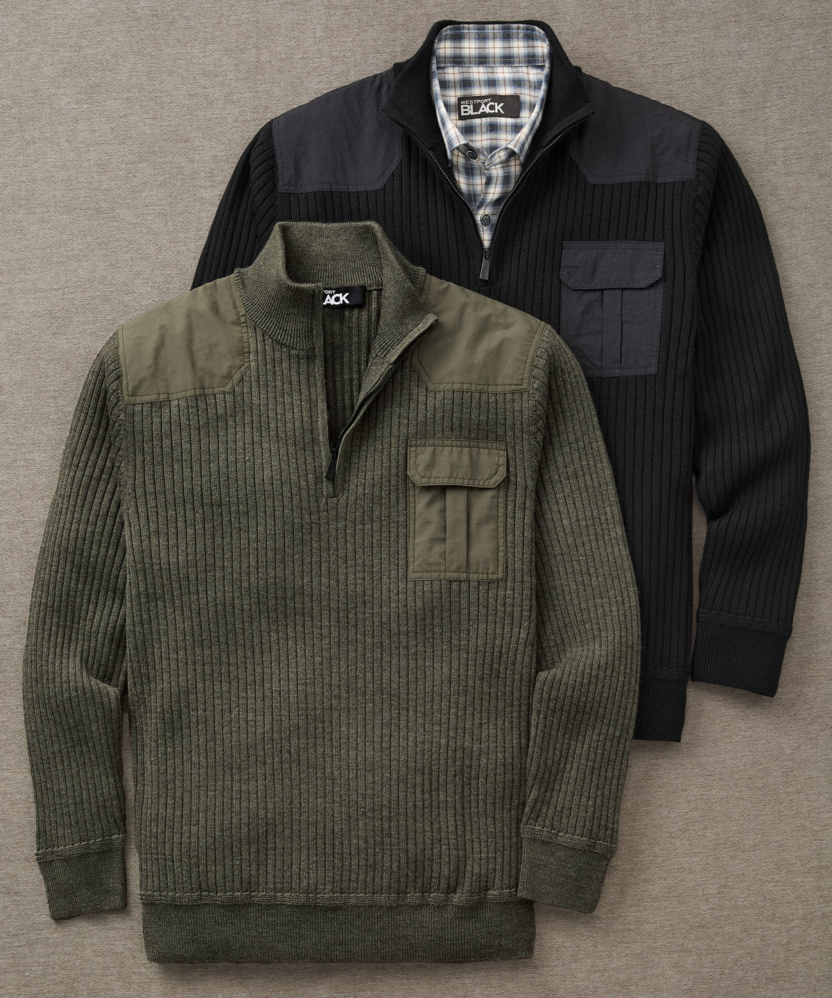 Westport Black Ribbed Military Half-Zip Pullover, Men's Big & Tall
