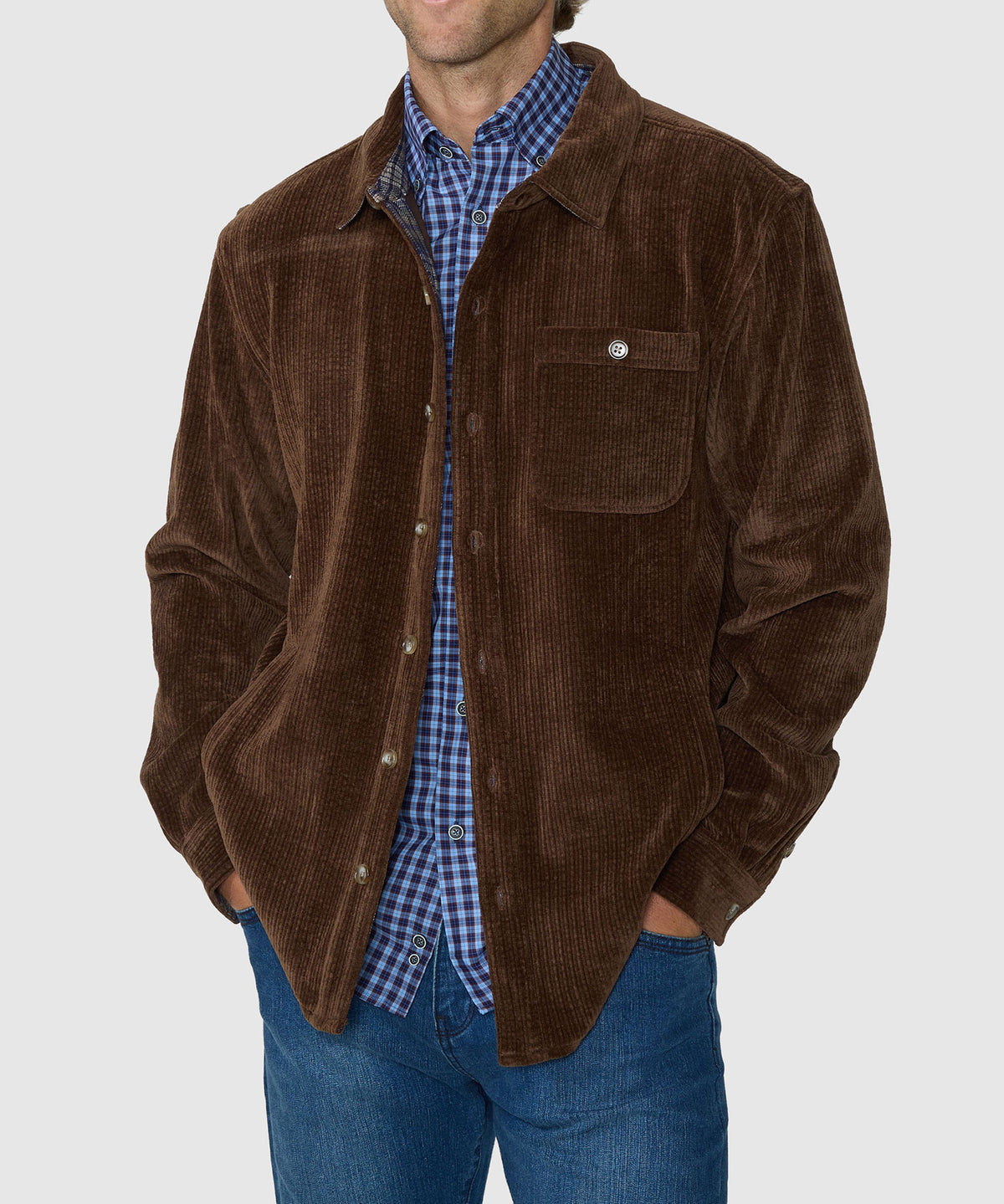 Brown knit corded shirt jacket worn by model, with chest pocket and plaid shirt collar, Westport Lifestyle Men's Big & Tall