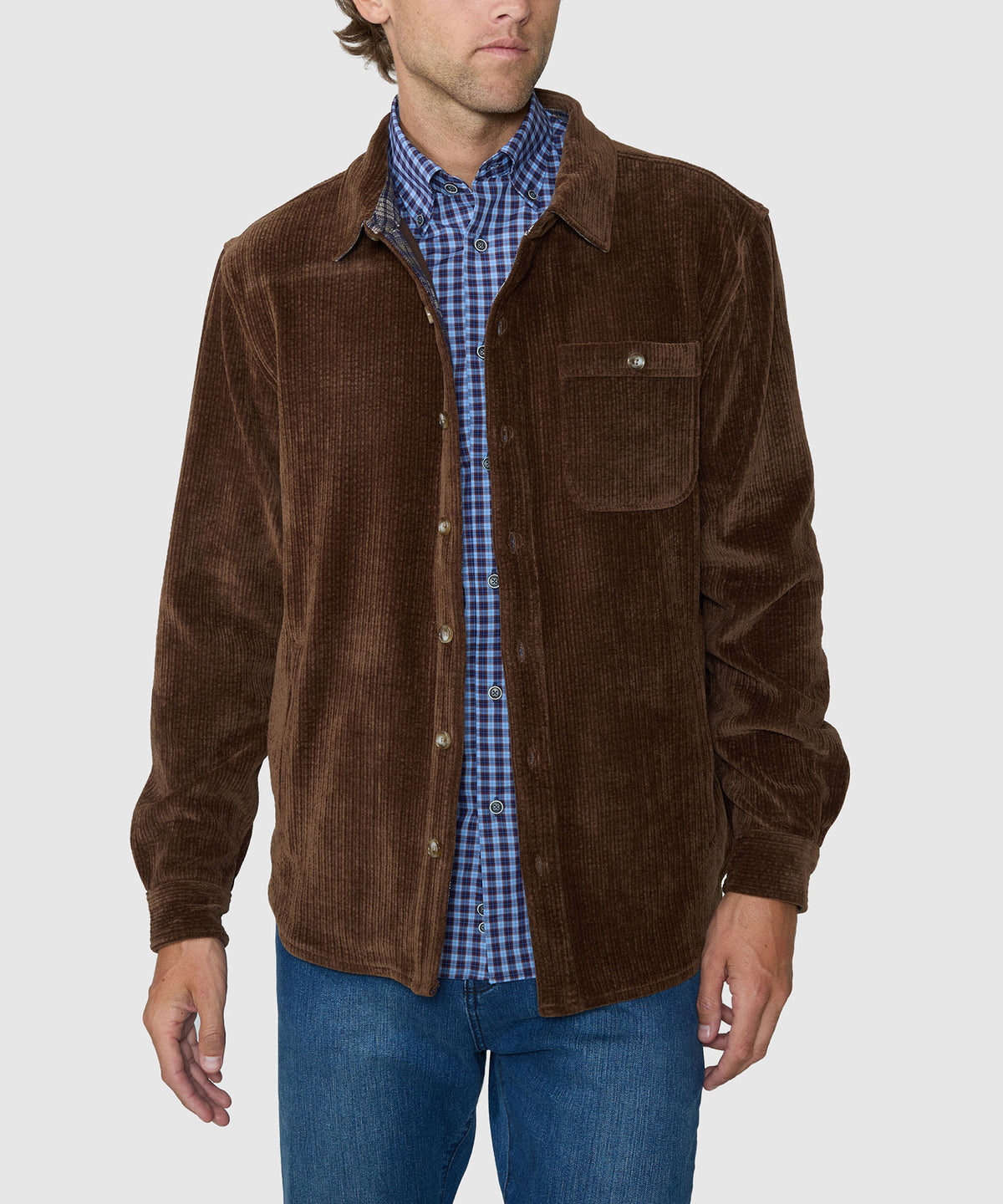 Brown knit corded shirt jacket worn by model, button front and chest pocket, Westport Lifestyle Men's Big & Tall
