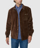 Brown knit corded shirt jacket worn by model, button front and chest pocket
