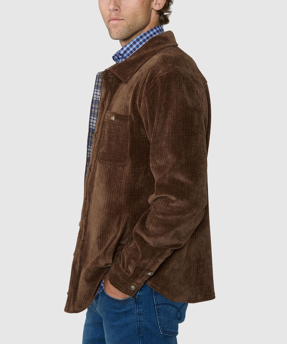 Brown knit corded shirt jacket on model, side view with button placket and pocket, Westport Lifestyle Men's Big & Tall