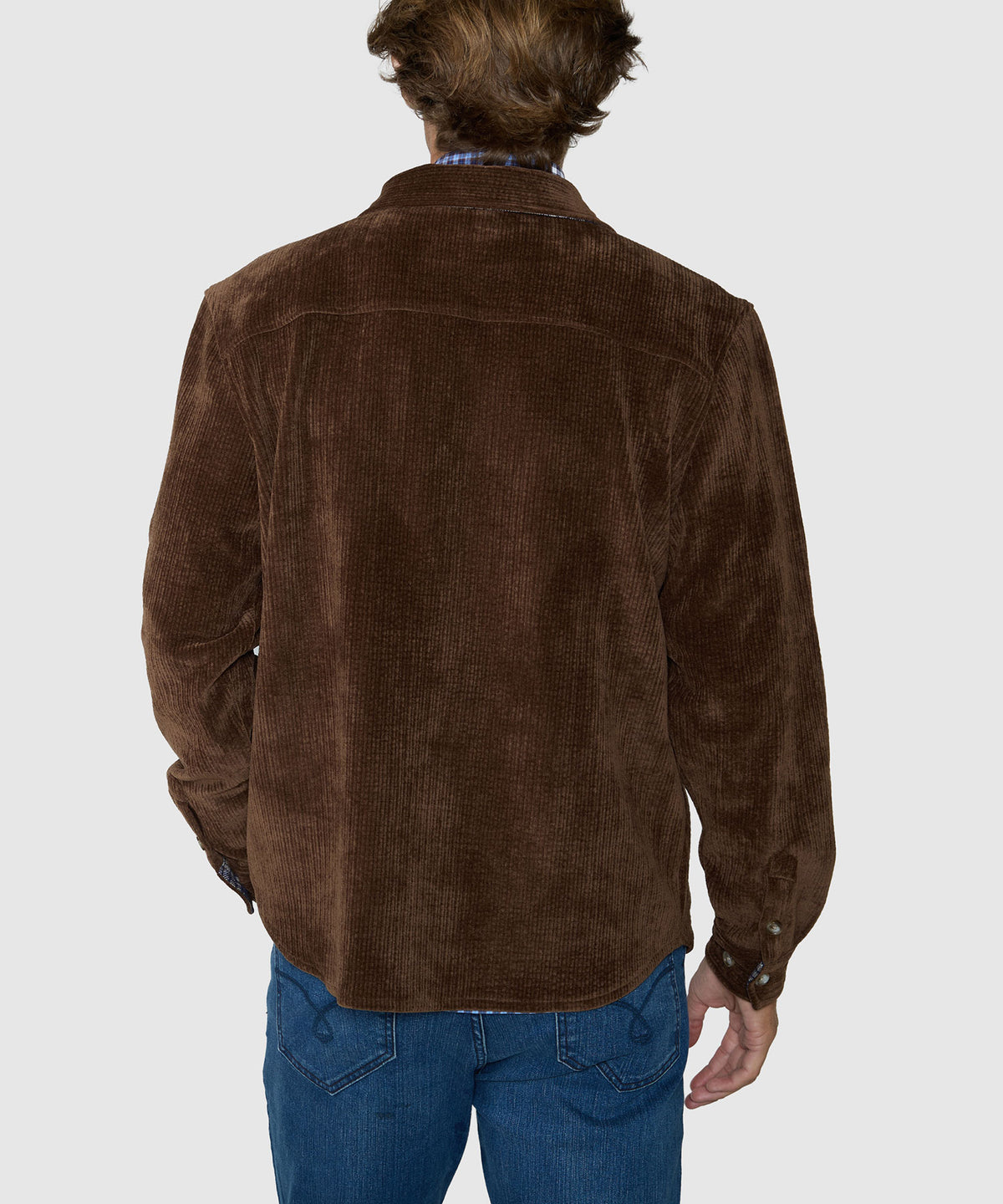 Brown knit corded shirt jacket on model, back view with full-length sleeves, Westport Lifestyle Men's Big & Tall