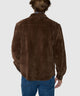 Brown knit corded shirt jacket on model, back view with full-length sleeves