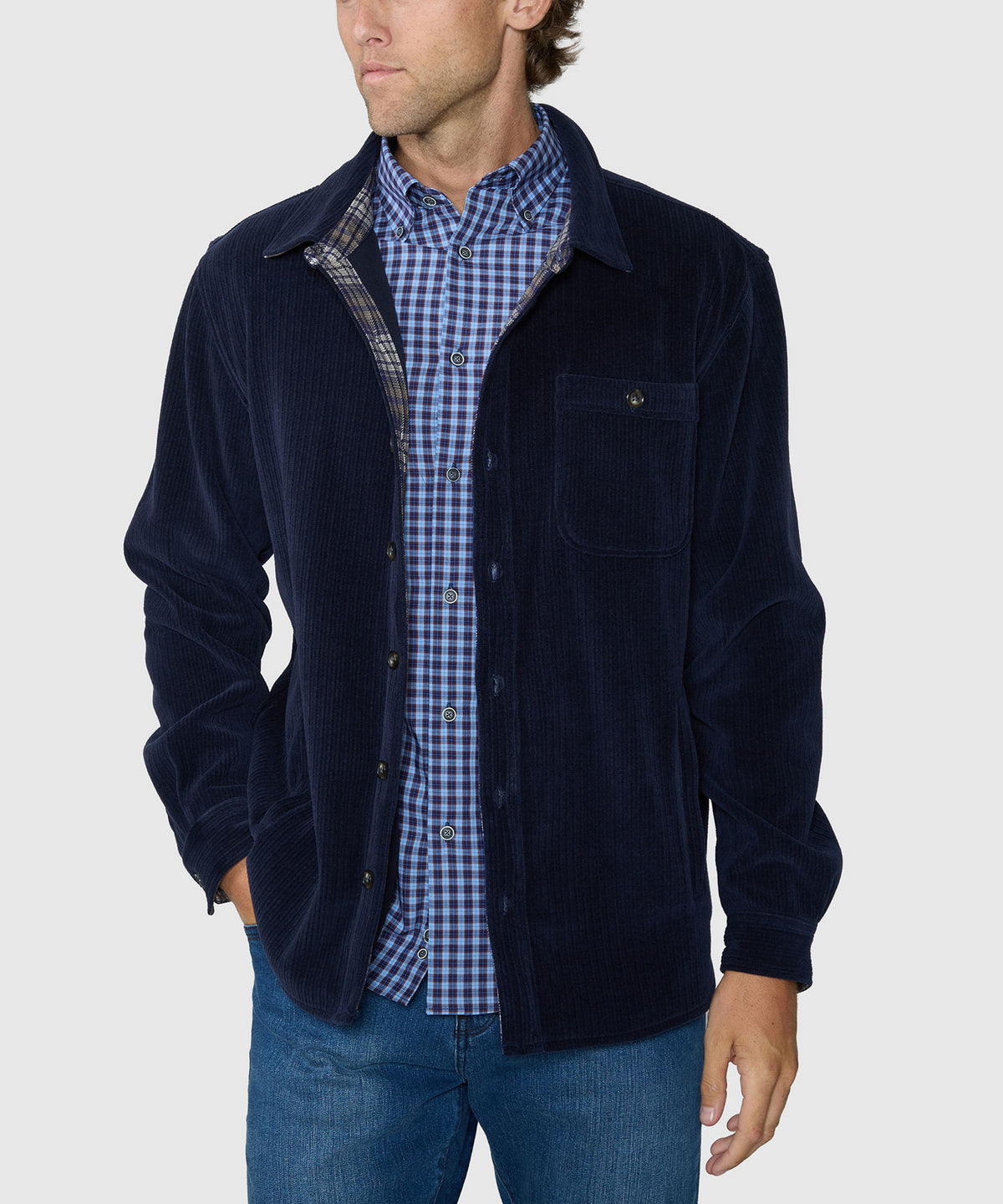 Navy knit corded shirt jacket worn by model, with chest pocket and plaid shirt underneath, Westport Lifestyle Men's Big & Tall