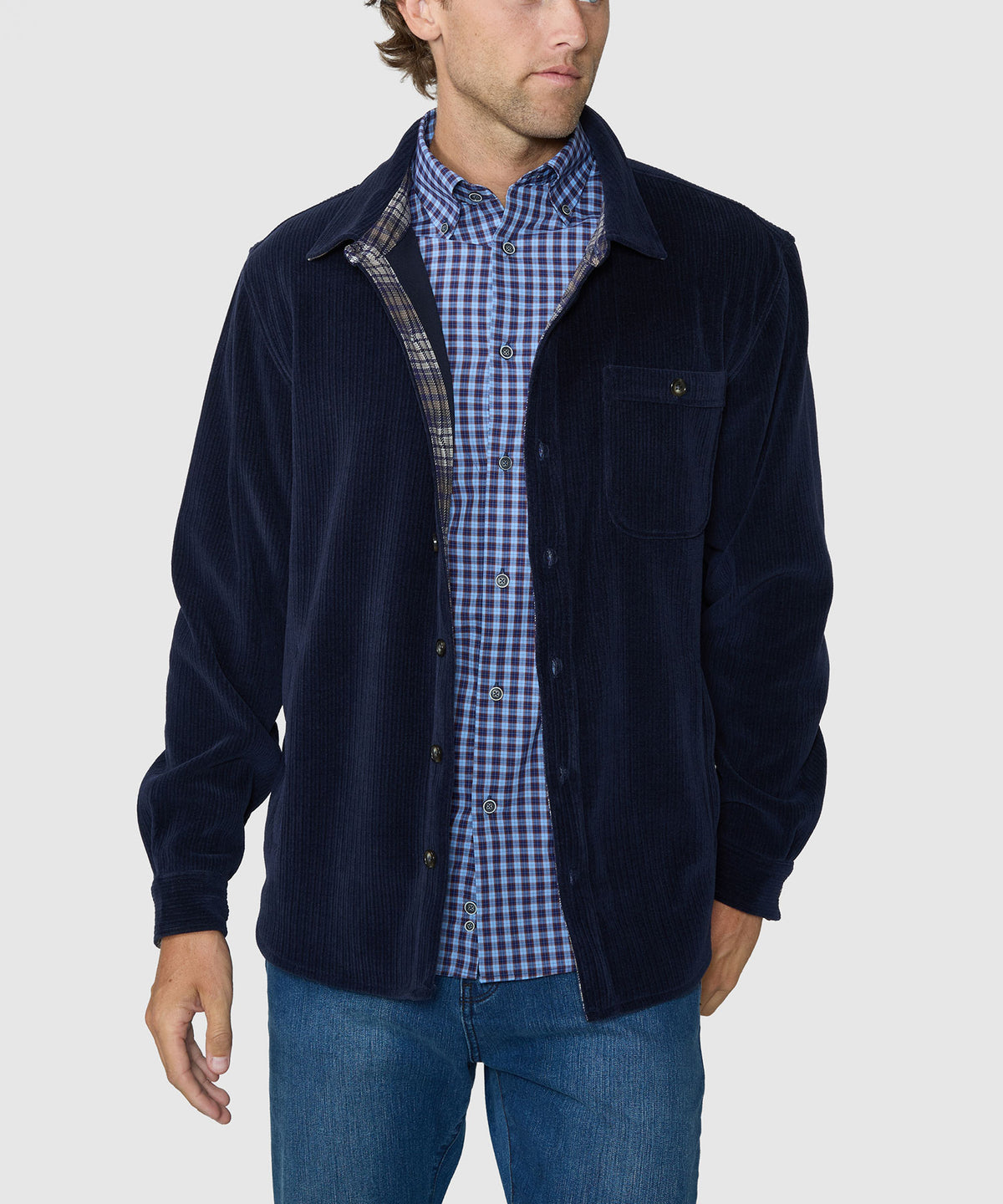 Navy knit corded shirt jacket worn by model, button front and chest pocket, Westport Lifestyle Men's Big & Tall