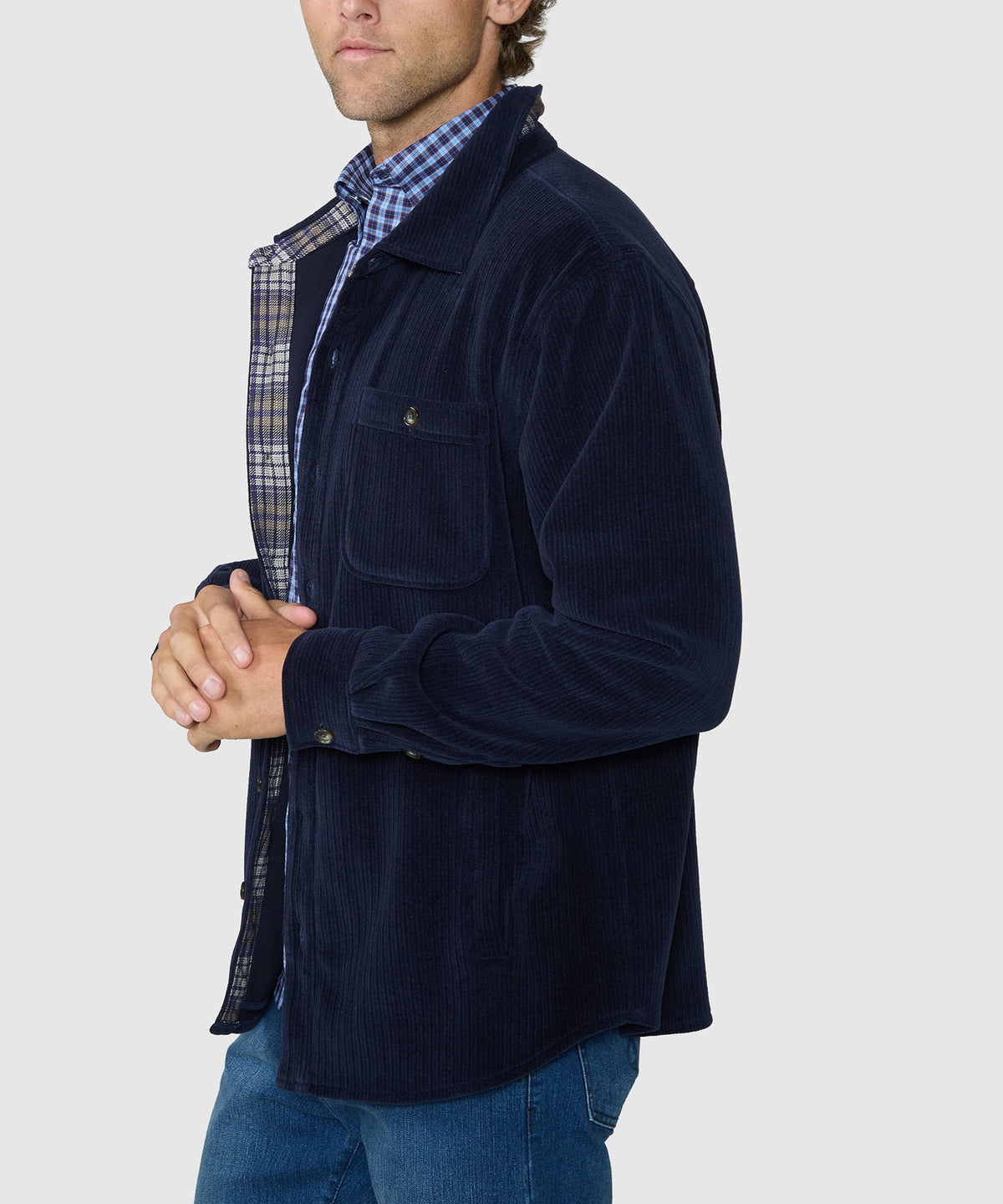 Navy knit corded shirt jacket on model, side view with chest pocket and cuff detail, Westport Lifestyle Men's Big & Tall