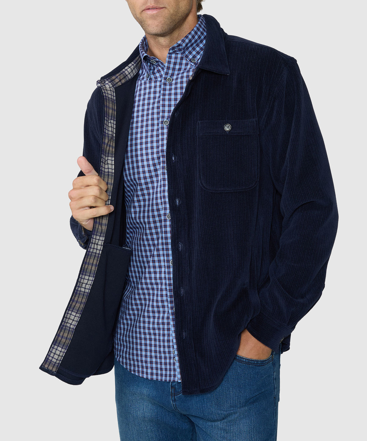 Navy knit corded shirt jacket on model, front view with button front and chest pocket, Westport Lifestyle Men's Big & Tall