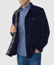 Navy knit corded shirt jacket on model, front view with button front and chest pocket