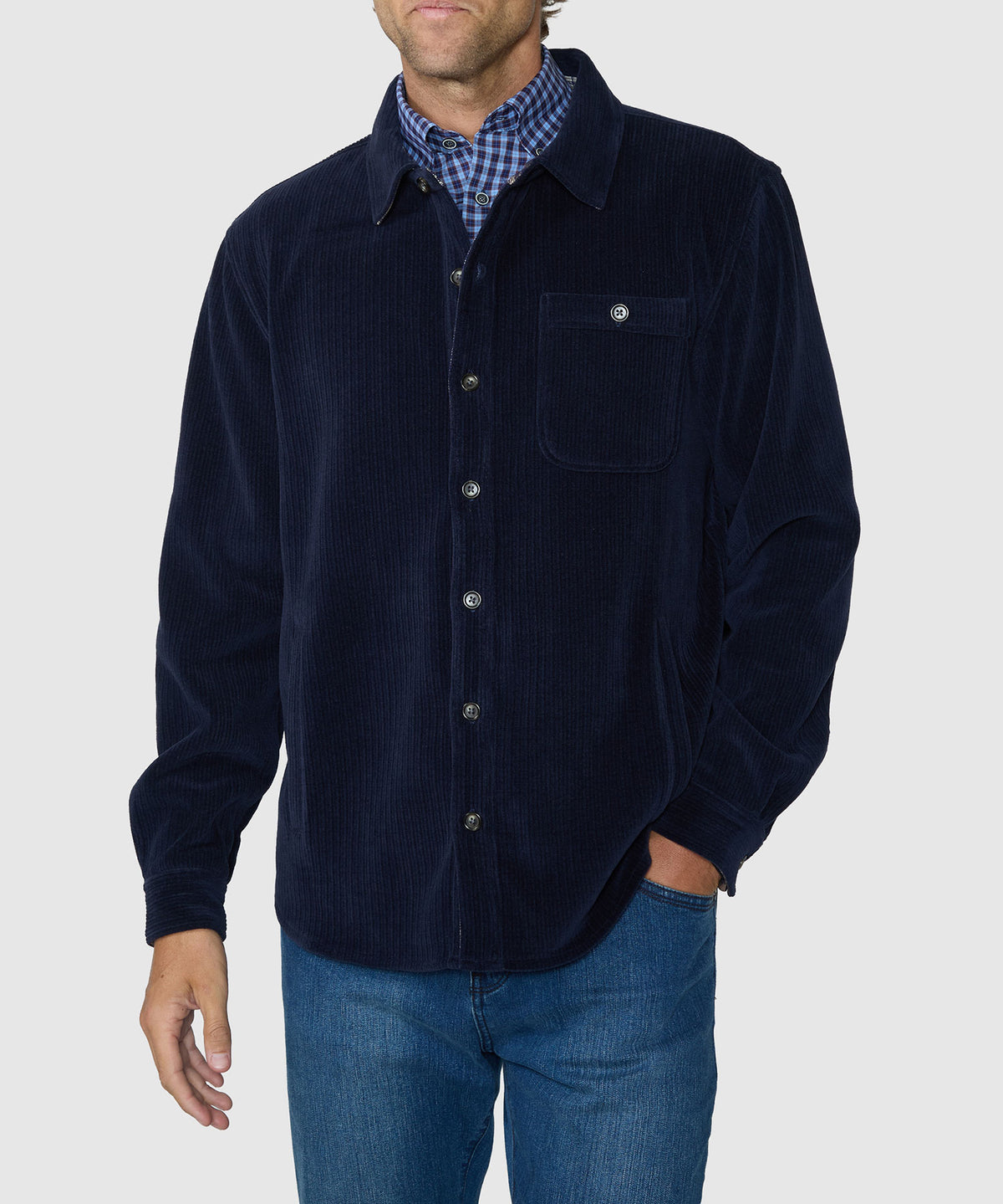 Navy corded knit shirt jacket with button placket and chest pocket, Westport Lifestyle Men's Big & Tall