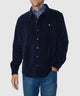Navy corded knit shirt jacket with button placket and chest pocket