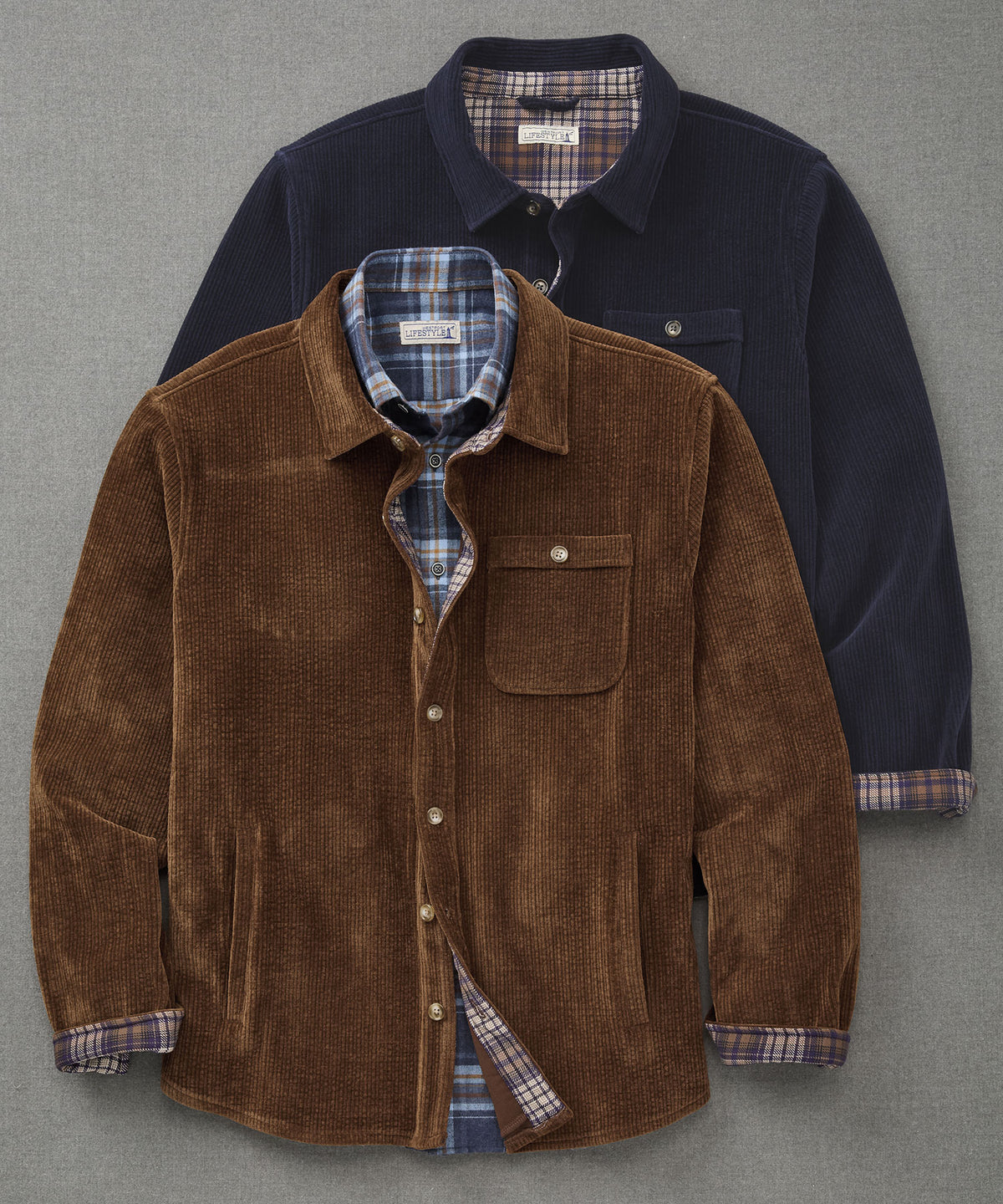 Brown corded knit shirt jacket with button front and chest pocket, Westport Lifestyle Men's Big & Tall