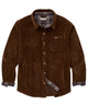 Brown knit corded shirt jacket with button front, pointed collar, and chest pocket