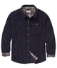 Navy knit corded shirt jacket with button front, pointed collar, and chest pocket