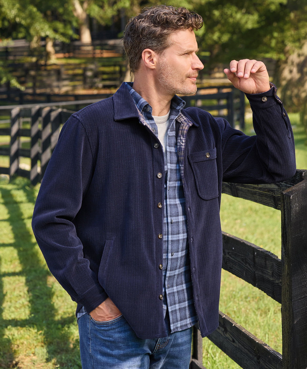 Navy corded knit shirt jacket with chest pocket and button front, Westport Lifestyle Men's Big & Tall