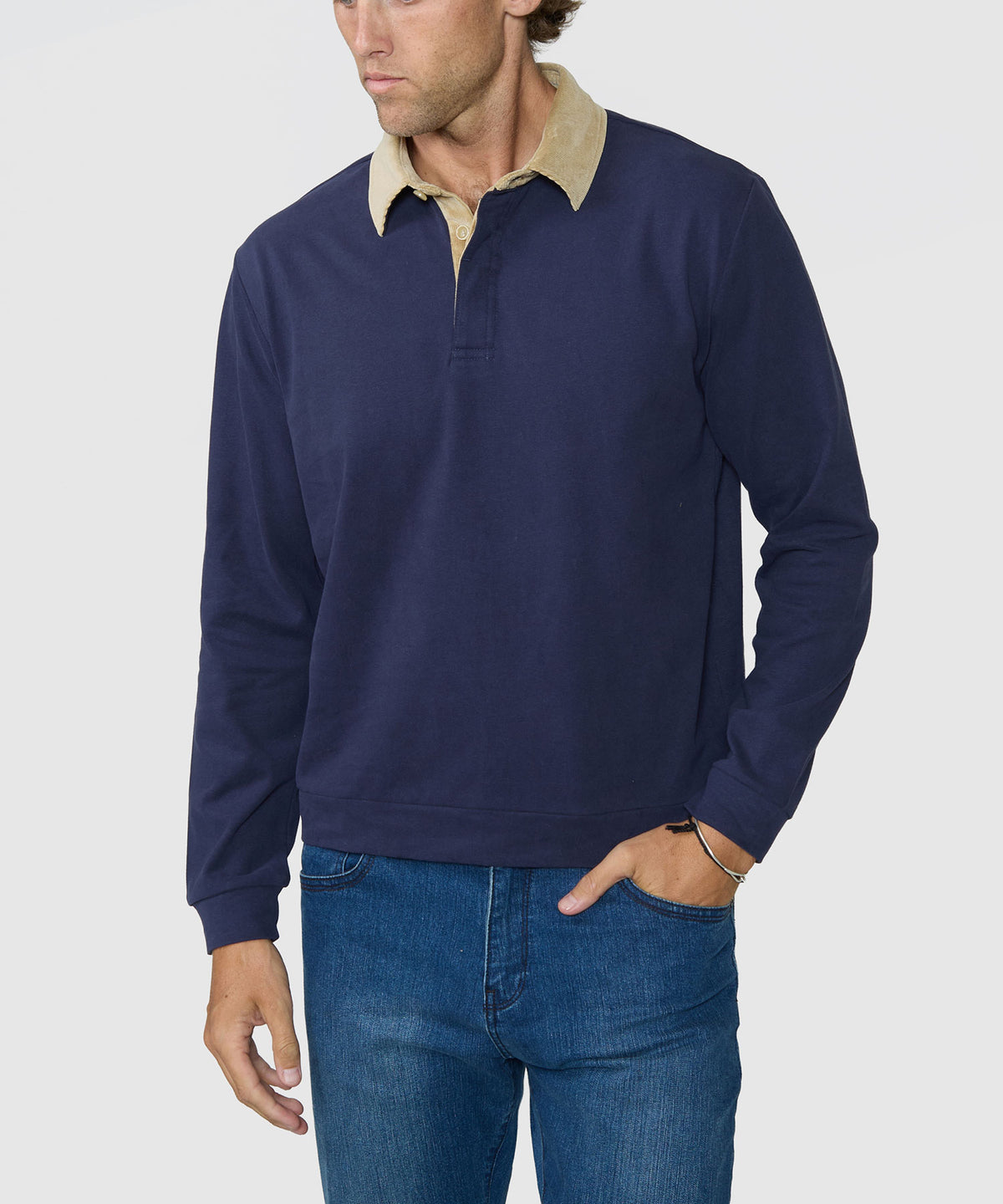 Westport Lifestyle Long Sleeve Bellamy Corduroy Collar Rugby Shirt - Navy, Men's Big & Tall