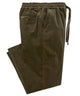 Olive corduroy pants with elastic waist and drawstring tie, front button detail