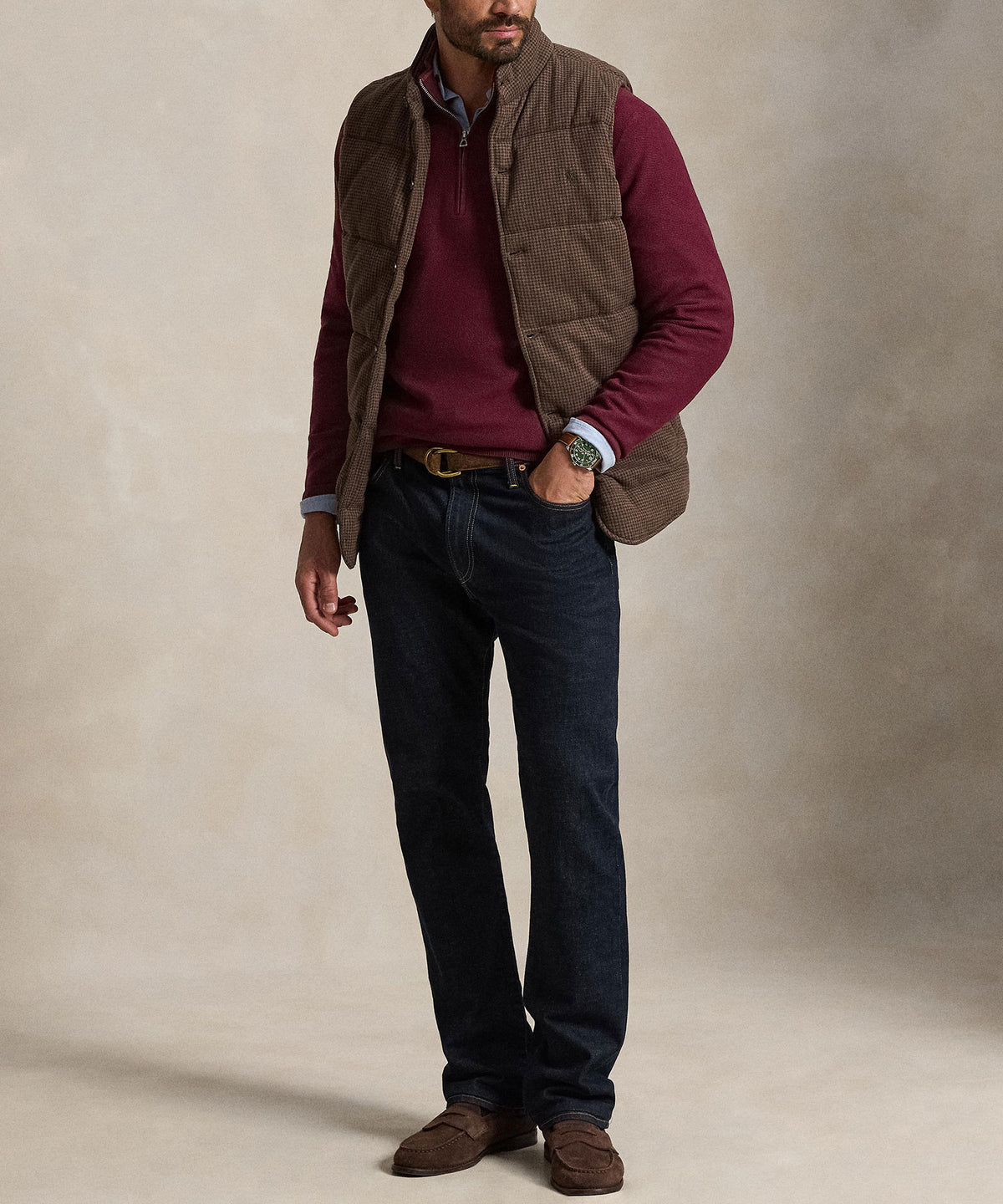 Polo Ralph Lauren Long Sleeve Textured Cotton Half-Zip Sweater - Merlot Wine Heather, Men's Big & Tall