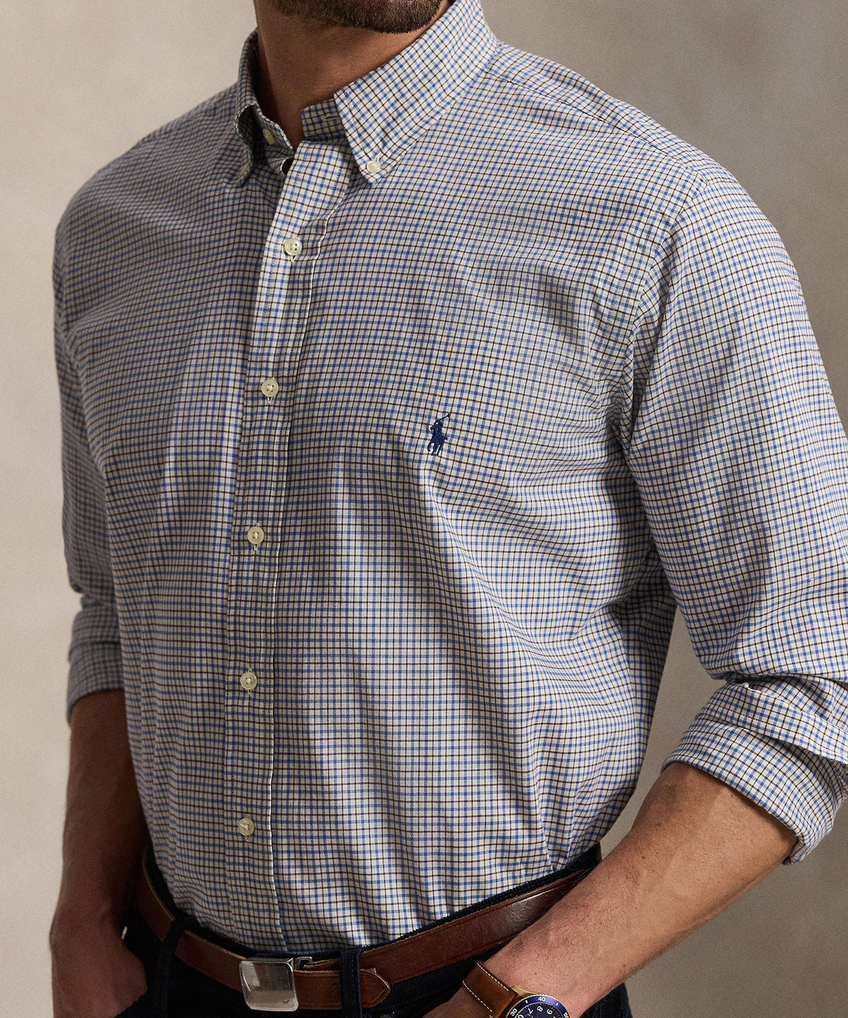 Polo Ralph Lauren Long Sleeve Brushed Twill Sport Shirt - White/Blue Multi, Men's Big & Tall
