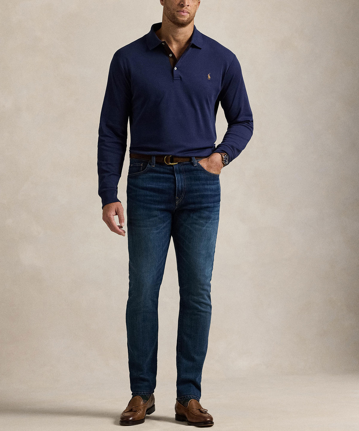 Polo Ralph Lauren Long Sleeve Soft Touch Cotton Polo - Navy, Men's Big & Tall