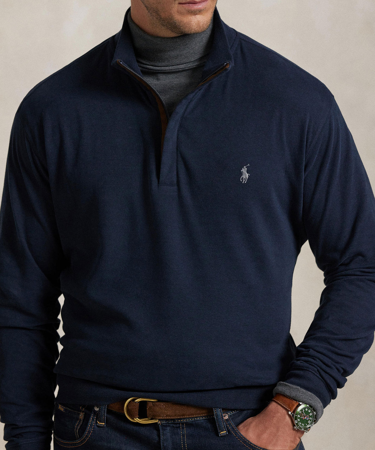 Polo Ralph Lauren Long Sleeve Luxury Half-Zip Pullover - Navy, Men's Big & Tall