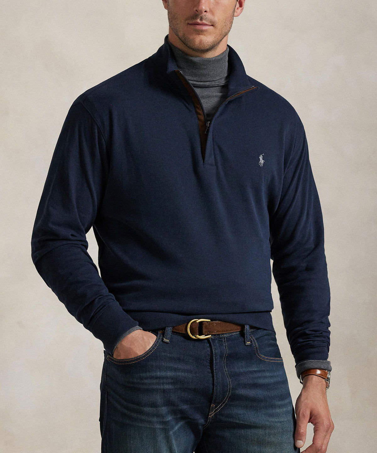 Polo Ralph Lauren Long Sleeve Luxury Half-Zip Pullover - Navy, Men's Big & Tall
