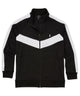Interlock track jacket, black with white diagonal stripe; full-zip stand collar, side zips.